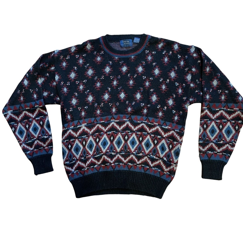 Cambridge Classics Black Geometric Knit Sweater Medium Crew Neck Wool Blend 90s